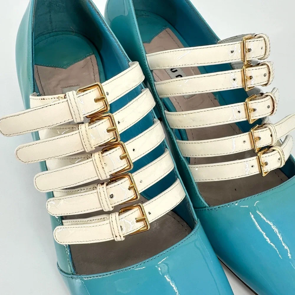 Miu Miu FW2015 Blue Patent Leather Multi-Strap Block Heel Pumps Size 37.5